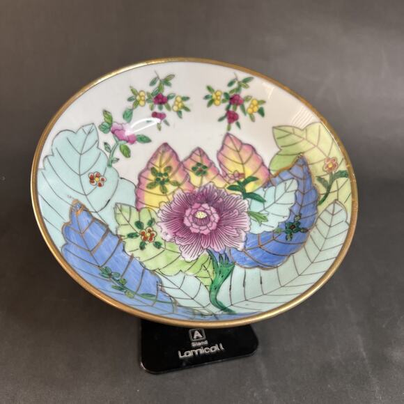 VTG Chinese Porcelain Bowl-Hand-Painted Floral, Brass Footed Base, Asian Decor - Picture 1 of 10